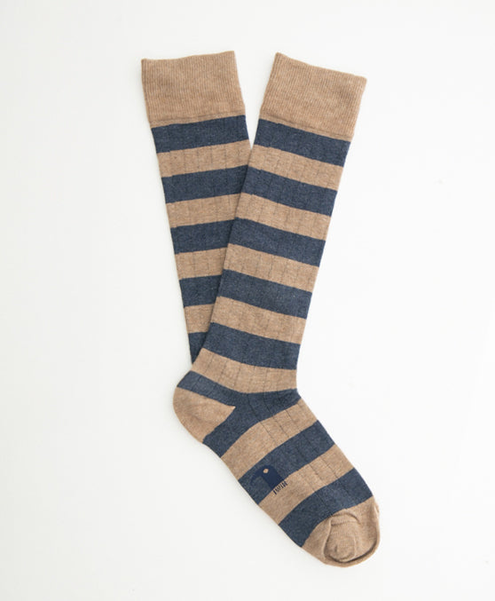Calcetin Largo Rayas beige y azul